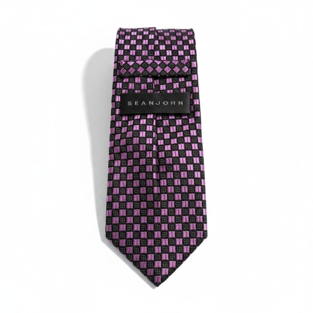 Sean John Silk Tie Mens Pink Black Checkered Grid Square Pattern VTG Y2K 3.5"